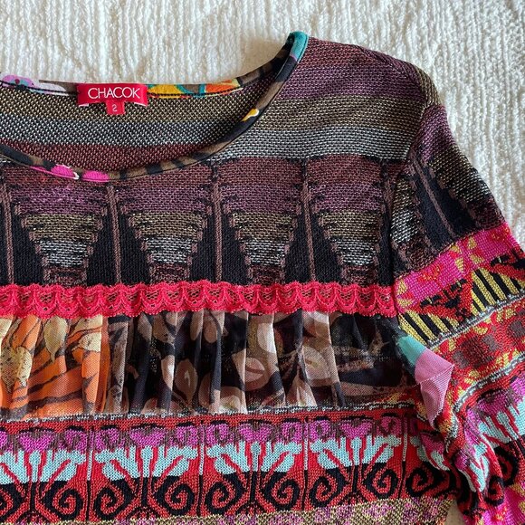 CHACOK French 90s Y2K Mixed Floral Print Mesh & Ruffle Knit Top - Picture 8 of 9